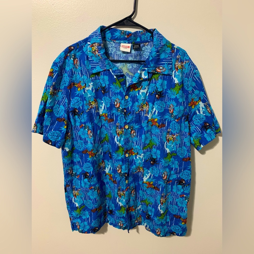 Marvel Avengers Hawaiian Button Down Blue Shirt Iron Man Hulk Thor XXL NEW